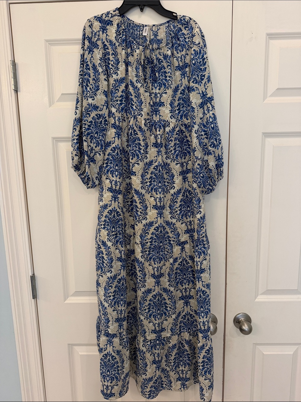 Blue and Cream Floral Print Maxi Dress with Long Sleeves